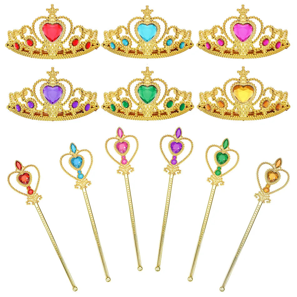 Kids Princess Dress up Accessories Wands Tiaras and Crowns for Little Girls Princess Party Supplies Tiara Wand Gifts Toys Set