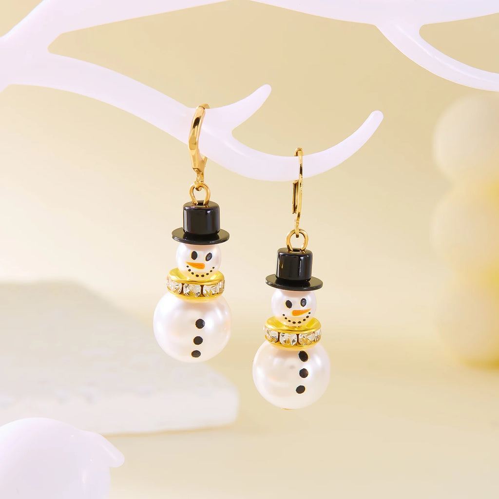 Korean Luxury Zircon Imitation Pearl Snowman Stud Earrings for Women Shiny Crystal Snowflake Earring Christmas Party Jewelry