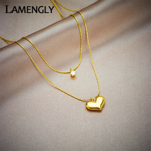 LAMENGLY 316L Stainless Steel Double Large Heart Zircon Pendant Necklace For Women Fashion Girls Charm Jewelry Chain Party Gifts