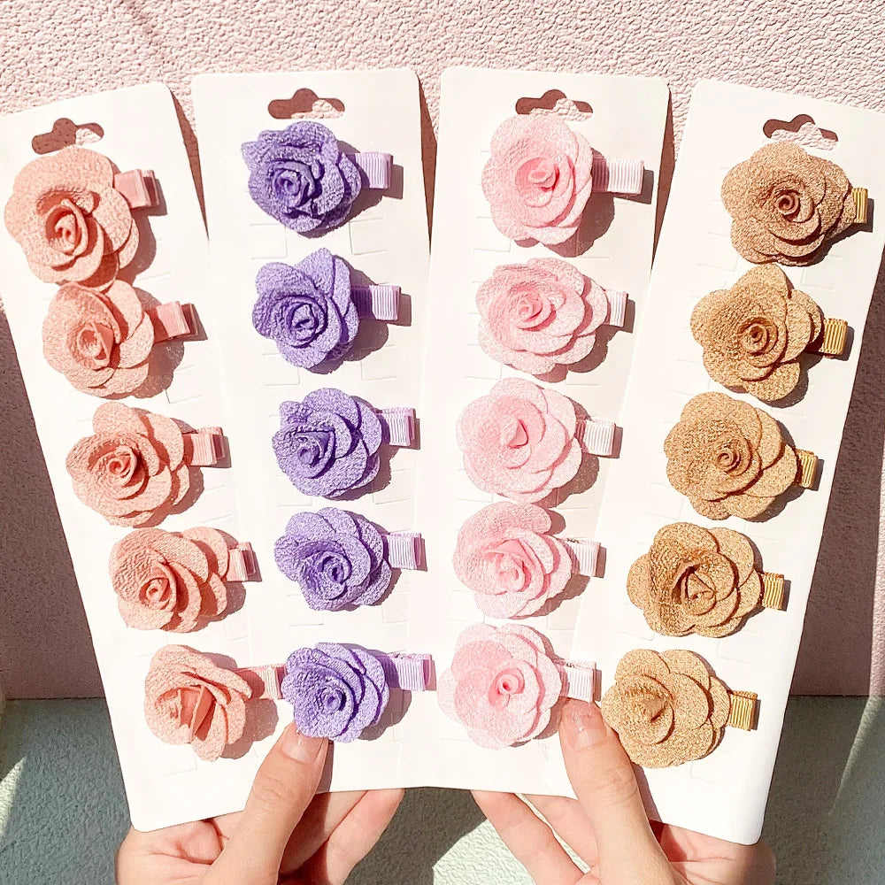 5Pcs/Set Solid Color Sweet Camellia Hair Clips For Kids Girls Flower Hairpins Covered Safety Clips Headwear Hair Accessories