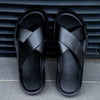 2023 Fashion Men Real Leather Slippers Summer New Black White/red/yellow Cross Over Slippers Men's Leisure Comfort Flat Sandals