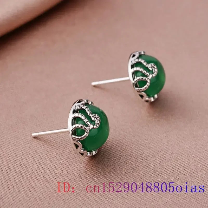 Green Jade Ear studs Crystal Chalcedony Jewelry Gemstone Fashion Zircon Women 925 Silver Charm Amulet Retro Earrings Natural