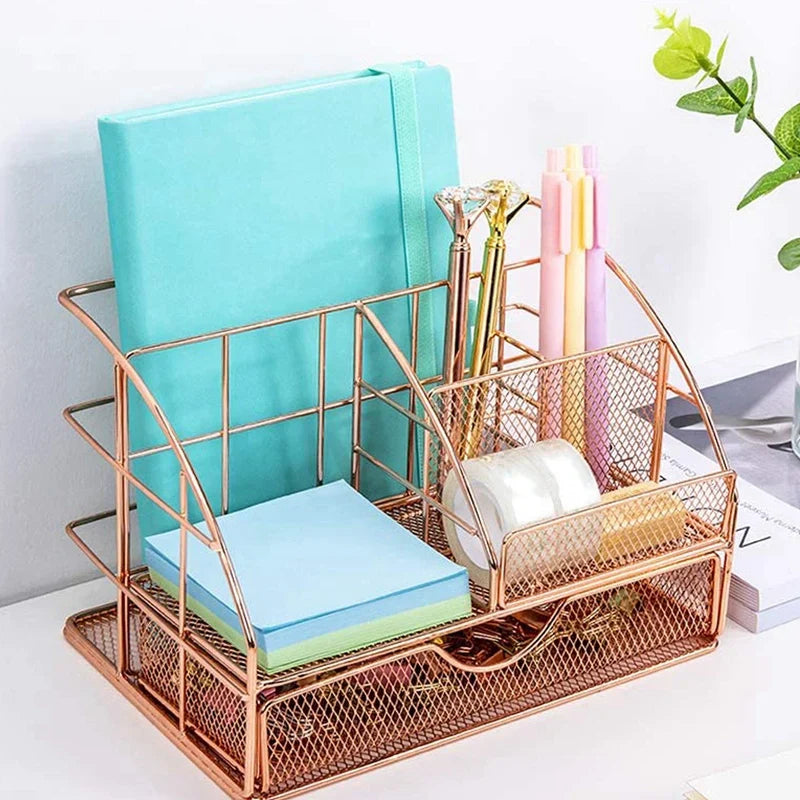 Desk Organizer For Women, Mesh Office Supplies Accessories Caddy With Drawer For Home Office Desktop Organization