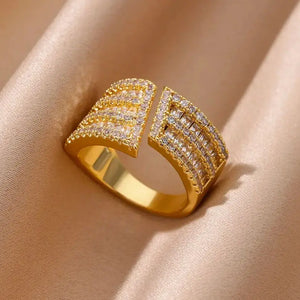 Cubic Zirconia Openning Rings For Women Gold Color Stainless Steel Luxury Geometric Ring Wedding Aesthetic Jewlery Gift