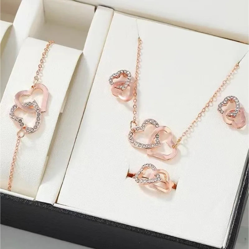 Fashionable new silver color double love jewelry set for women's birthday party and banquet gift accessories