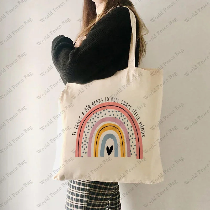 1 Pc It Takes A Big Heart To Shape Little Minds Rainbow Pattern Tote Bag Canvas Shoulder Bag Women's Reusable Shopping Bag