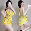 Summer Women's New Beach Style Sexy Yellow Print War robe sling Deep V low-cut Lace up Irregular backless Mini Dress