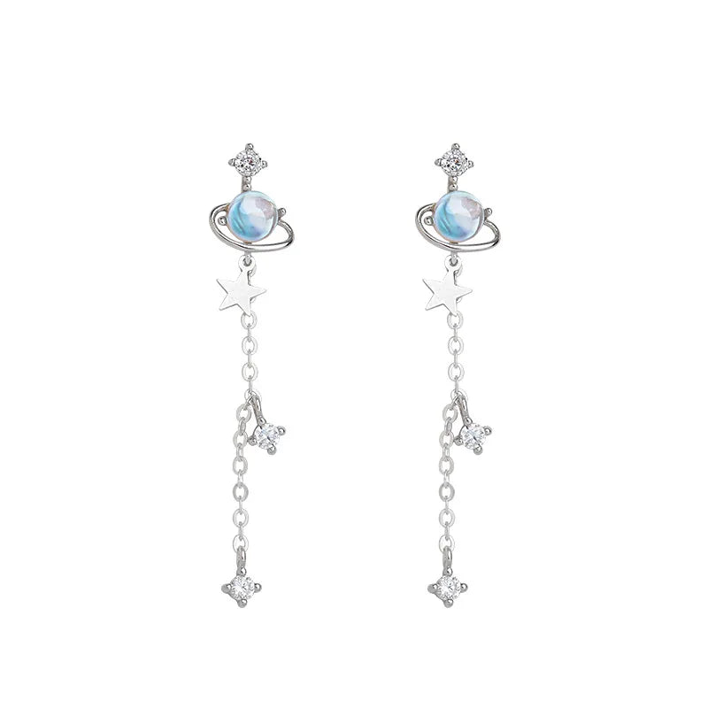 CIAXY Silver Color Star Earrings for Women Blue Space Universe Planet Zircon Circle Long Earrings Korean Fashion Jewelry