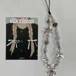Load image into Gallery viewer, Korean Cute Ribbon Bow Love Heart Phone Chain Lanyard Charm Strap Silver Pendant For iPhone Samsung Phone Accessories Girl Gift
