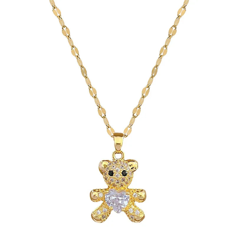 Cute Fashionable Bear Micropaved Rhinestone Pendant Necklace Earrings Set Women's Jewelry Perfect Birthday Gift for Girls Women