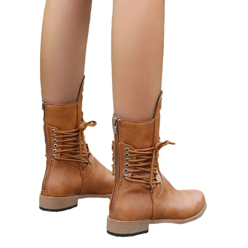 Woman Mid Calf Boots Women Lace Up Rivet Low Heels Female Zip Footwear Ladies Leather Short Boots Women's Shoes Plus Size