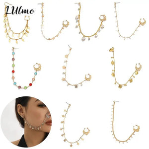 Indian Gold Color Pearl Butterfly Tassel Earrings Nose Clip Chain For Women Boho Nose Ring Non Pierceing Dangle Earring Jewelry