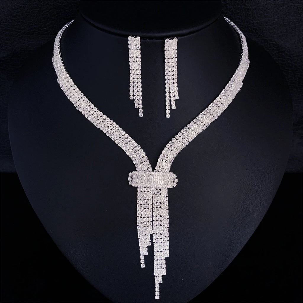 Exquisite Shiny Bow Crystal Necklace Set Jewelry Fashion Luxury Bridal Wedding Party Rhinestone Jewelry Necklace Accessories