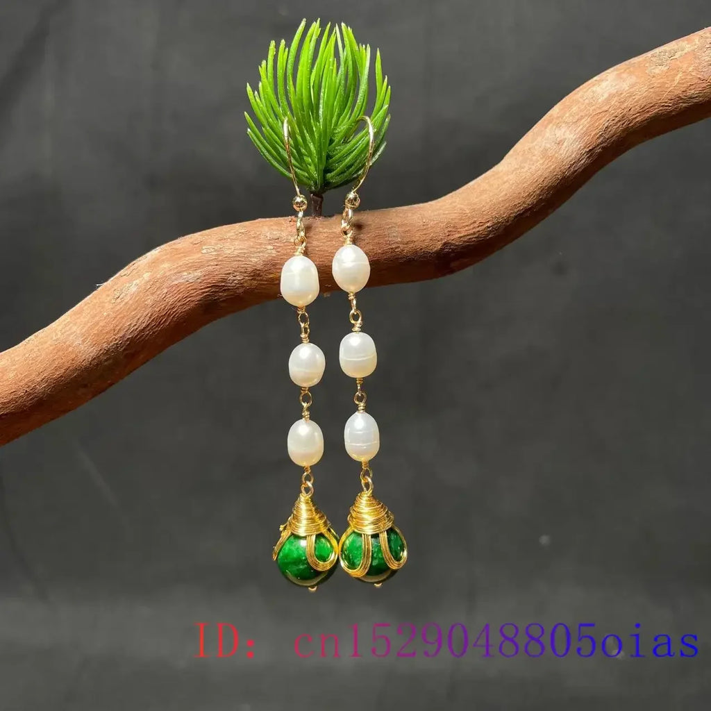 Green Jade Earrings Natural Gemstone Amulet Emerald Women Jewelry 925 Silver Gemstones Chinese Beads Talismans Pearl Carved