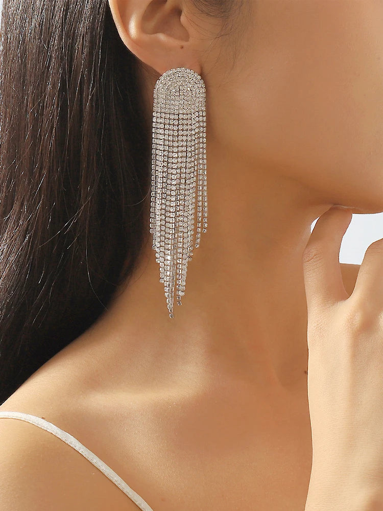 Luxurious Crystal Tassel Drop Earring For Women, Silver Color Rhinestone Earrings, Fashion Party Jewelry Trendy Accessories