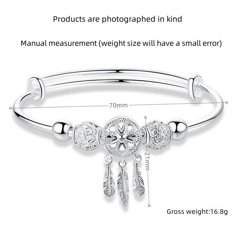 1pcs Copper Alloy Silver Plated Bracelet Ladies Cold Wind Dreamcatcher Leaves Tassel Turn Beads Jewelry