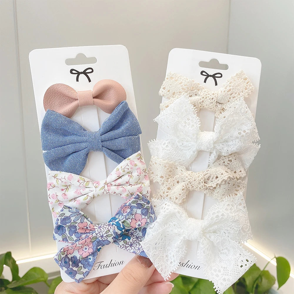 4Pcs/Set Sweet Lace Printed Bowknot Hair Clips For Cute Girls Handmade Hairpin Boutique Barrettes Headwear Kids Hair Accessories