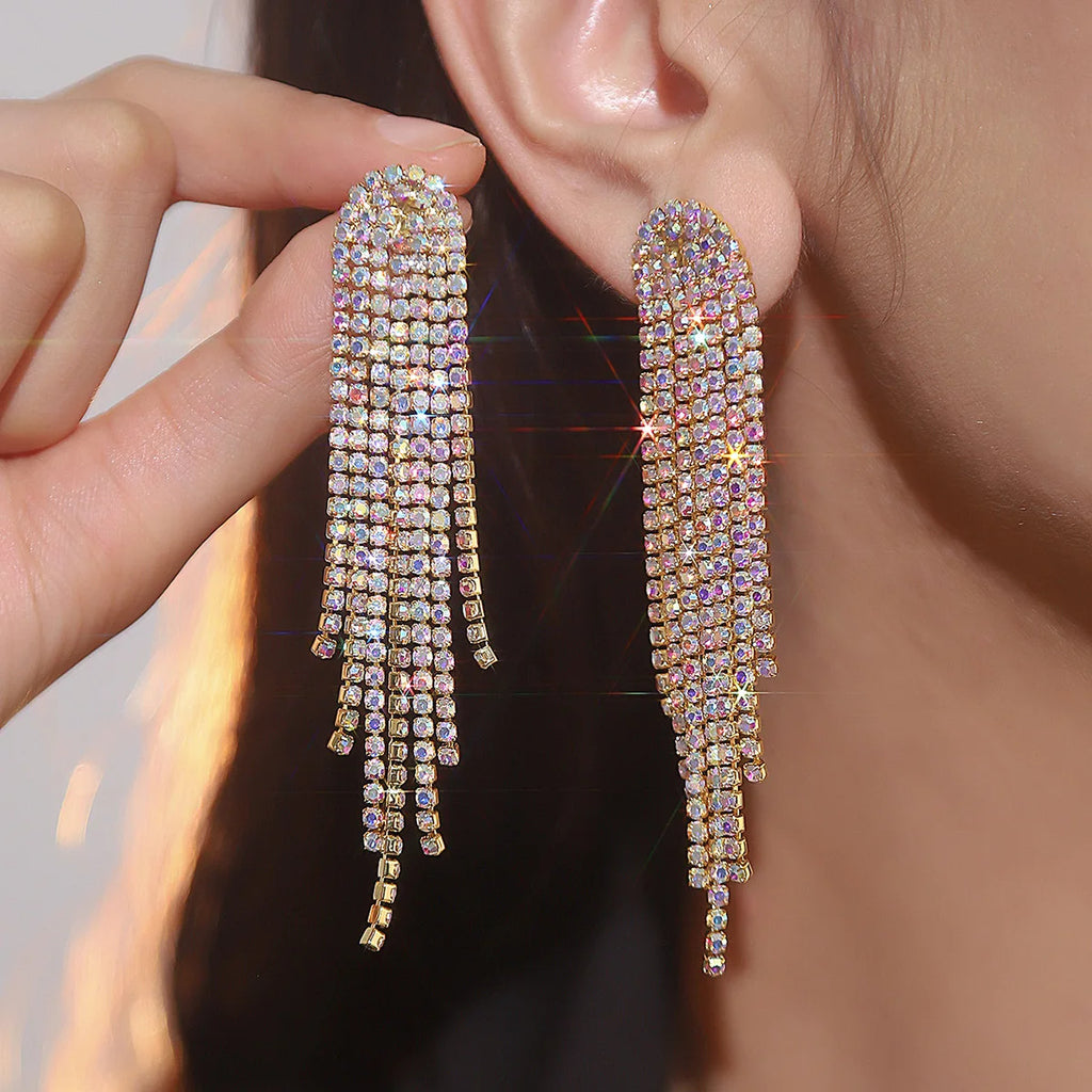 FYUAN Long Tassel Rhinestone Drop Earrings for Women AB Colourful Gold Silver Color Crystal Dangle Earring Party Wedding Jewelry