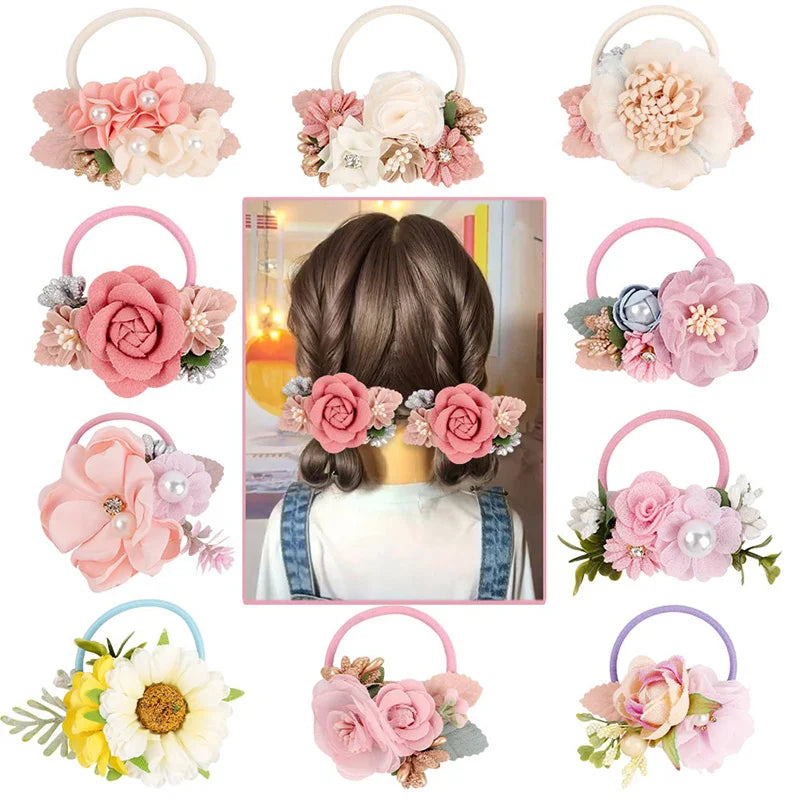 Elastic Flower Hair Bands for Girls Ponytail Holders Kids Floral Hair Tie Baby Pearls Hairband Headwear Rubber Hair Accessories