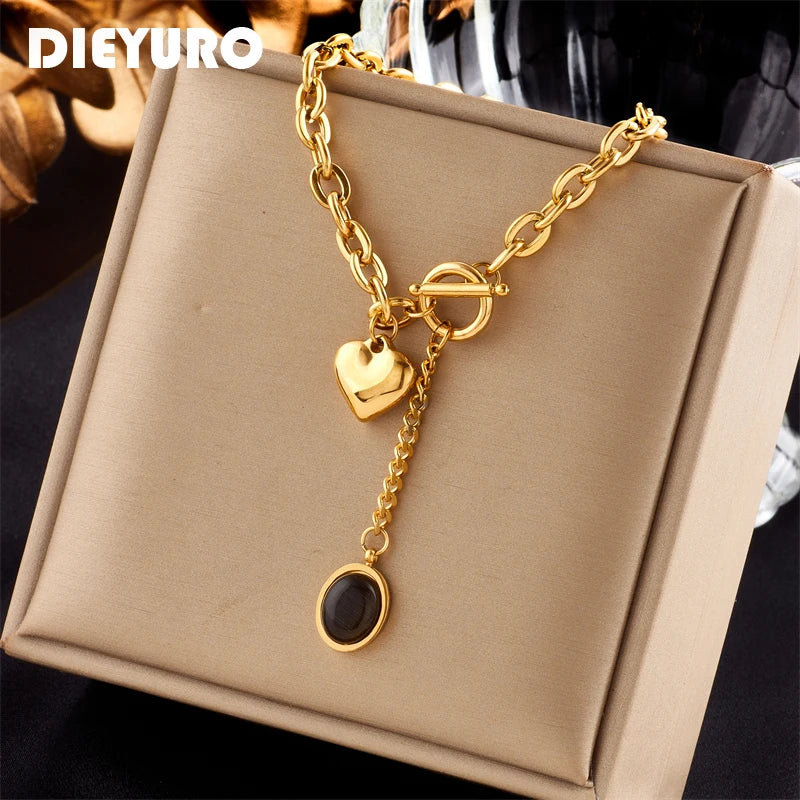 DIEYURO 316L Stainless Steel Heart Black Stone Pendant Necklace For Women New Trend Girls OT-Buckle Chain Jewelry Festive Gifts