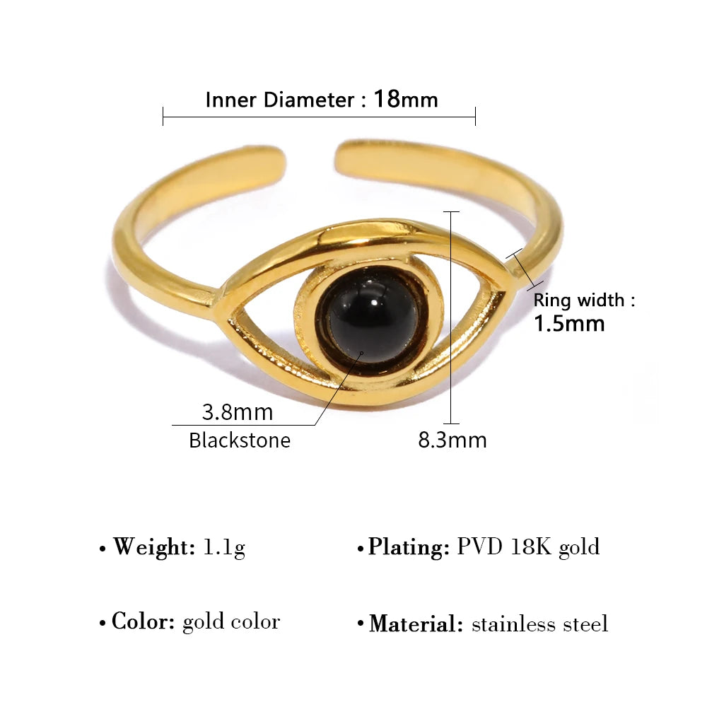 YACHAN Black Stone Eye-Shaped Stainless Steel Rings for Women Opening Adjustable Vintage Trendy Waterproof Jewelry