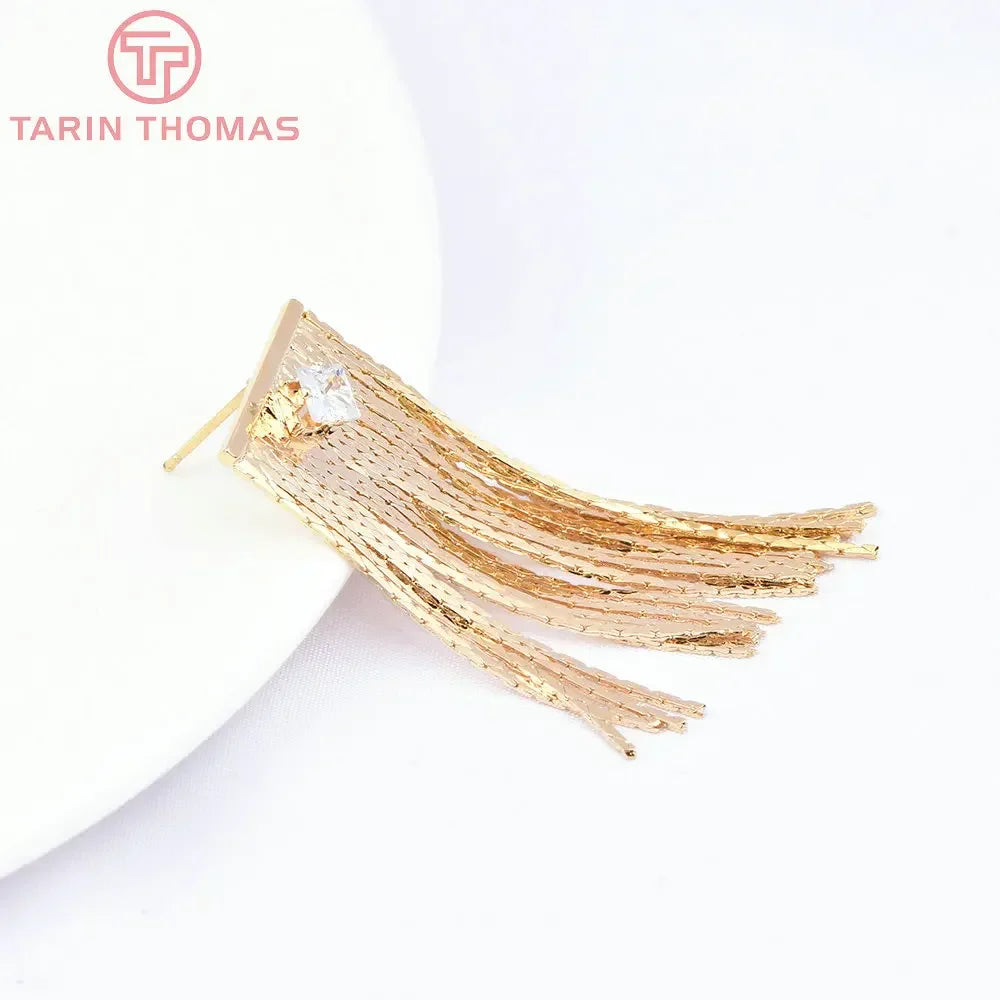 (7464) 2PCS 15x45MM 24K Gold Color Brass with Zircon Tassel Stud Earrings High Quality DIY Jewelry Making Findings Accessories