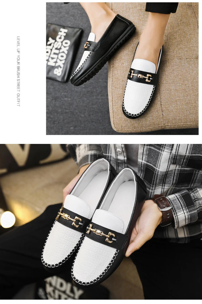 Men's Loafers Comfortable Flat Casual Shoes Breathable Slip-On Soft Cow Leather Driving Shoes Moccasins Hombre Men Shoes White