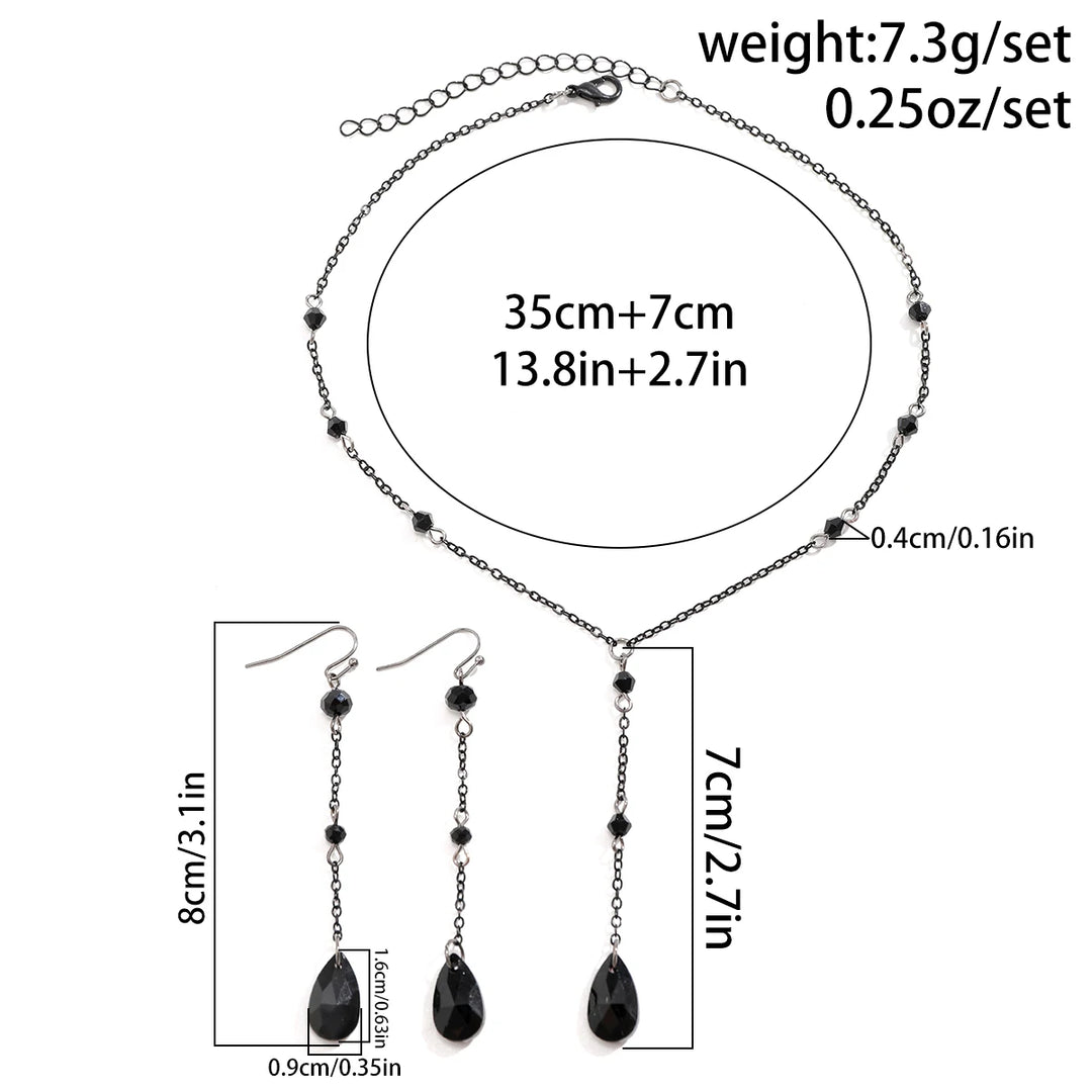 KunJoe Gothic Black Crystal Pendant Earrings Necklace Set for Women Vintage Punk Metal Chain Jewelry Set Party Gifts