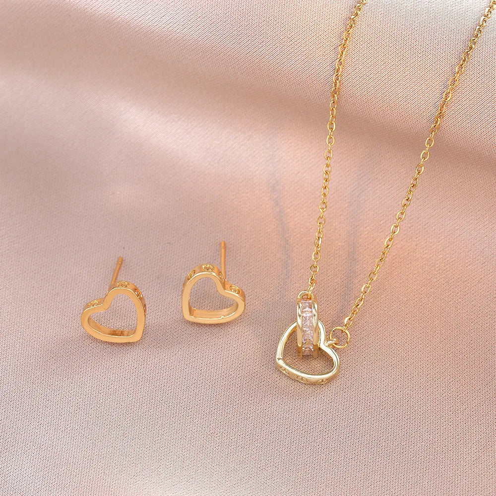 Sweet Heart Pendant Necklace Earrings Set for Women Girls Stainless Steel Chain Party Accessories Jewelry