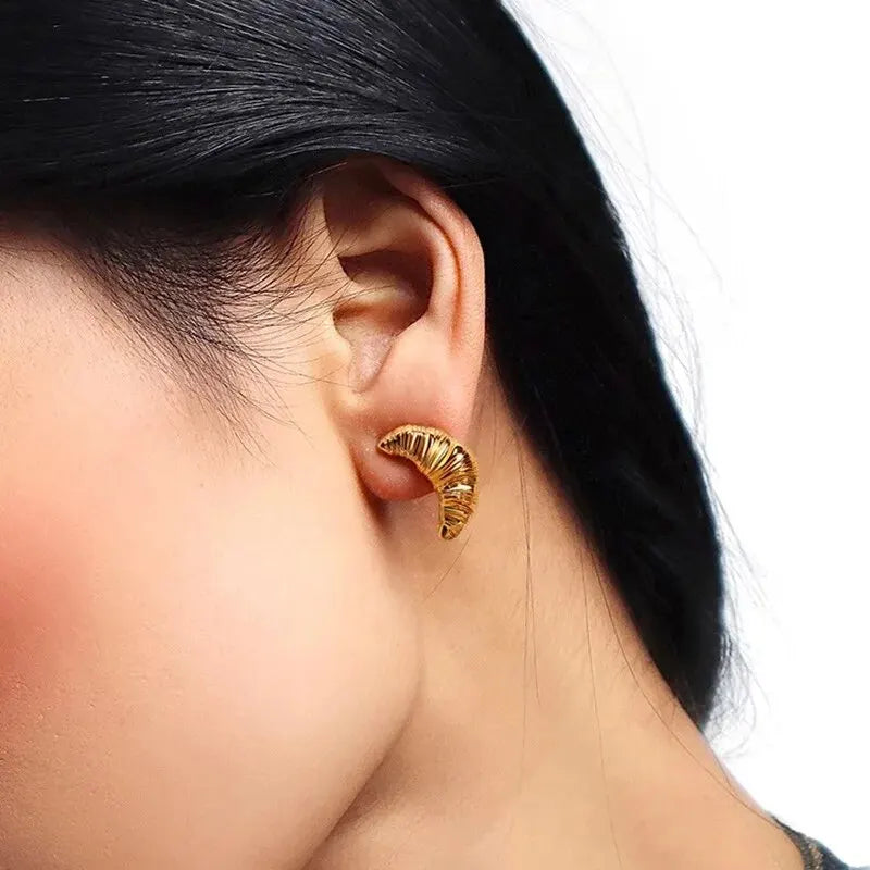 Gold Color Texture Sleek Metal Moon Small Stud Earrings Stainless Steel Banana Shape Earring Waterproof Trendy Jewlery Wholesale