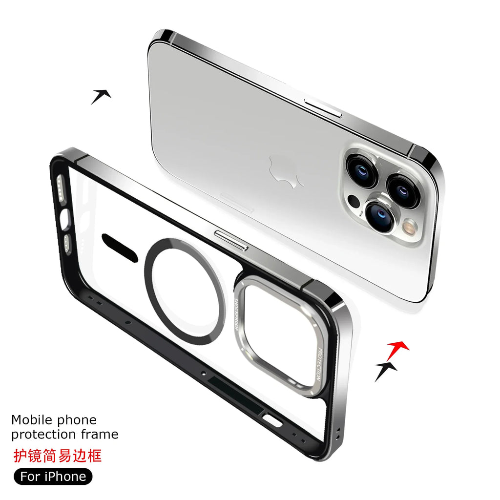 Aluminum alloy Frame Magnetic Phone Case For iPhone 15 ProMax 15Pro 15 For Megsafe Wireless Charge Transparent Metal Lens Cover