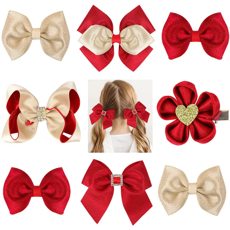 Happy New Year Bows Hair Clips Red Hair Bands Hair Accessories For Girls Rhinestone Barrettes Headwear Floral Hairpins Kids Gift