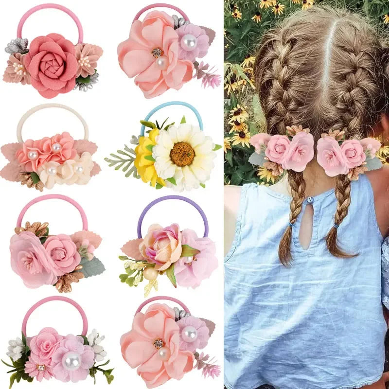 High Elastic Hair Bands Rose Flower Peal Girls Hair Scrunchies Sweet Kids Rubber Bands Ponytail Tie Hair Accessories