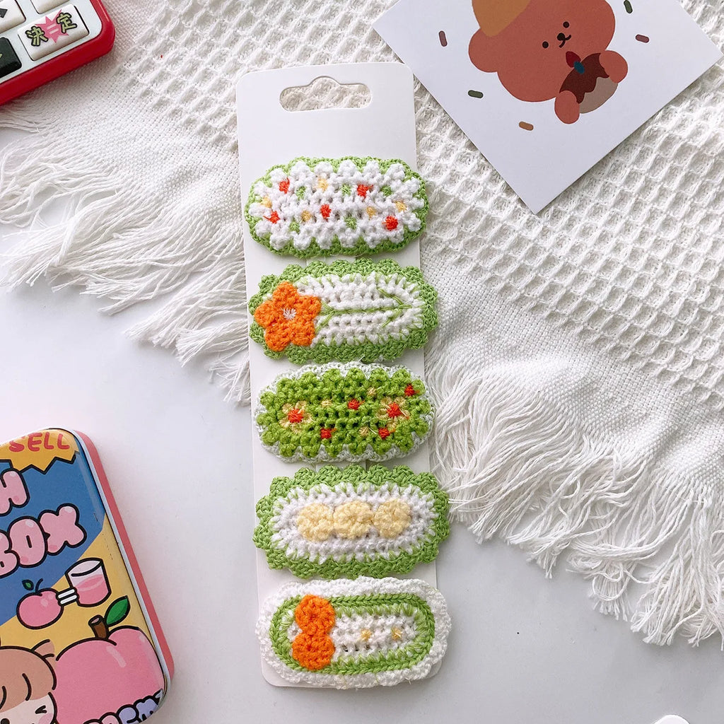 5pcs Korean Hairpin for Kids Little Girls Cute Sweet Floral Knit Plush Children Barrettes Headwear Hair Accessories