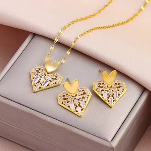 New In Super Luxury Sparkly Zircon Heart Necklaces Earrings For Women Trendy 18K Gold Plated Female Stainless Steel Jewelry Set