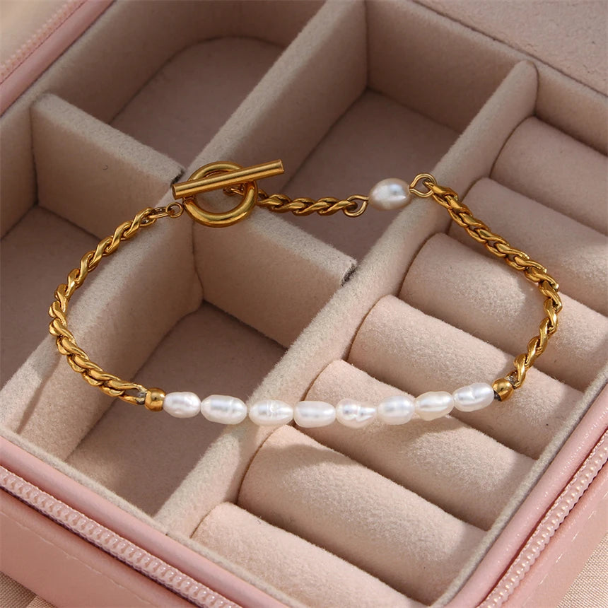 316L Stainless Steel Simplicity Vintage Irregular Shaped Pearl OT Buckle Chain Bracelet For Women Fashion Fine Jewelry Gift B628