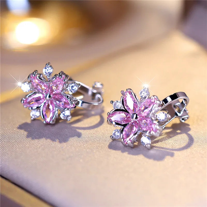 Luxury Female Small Pink Zircon Stone Clip Earrings Charm Silver Color Wedding Jewelry For Women