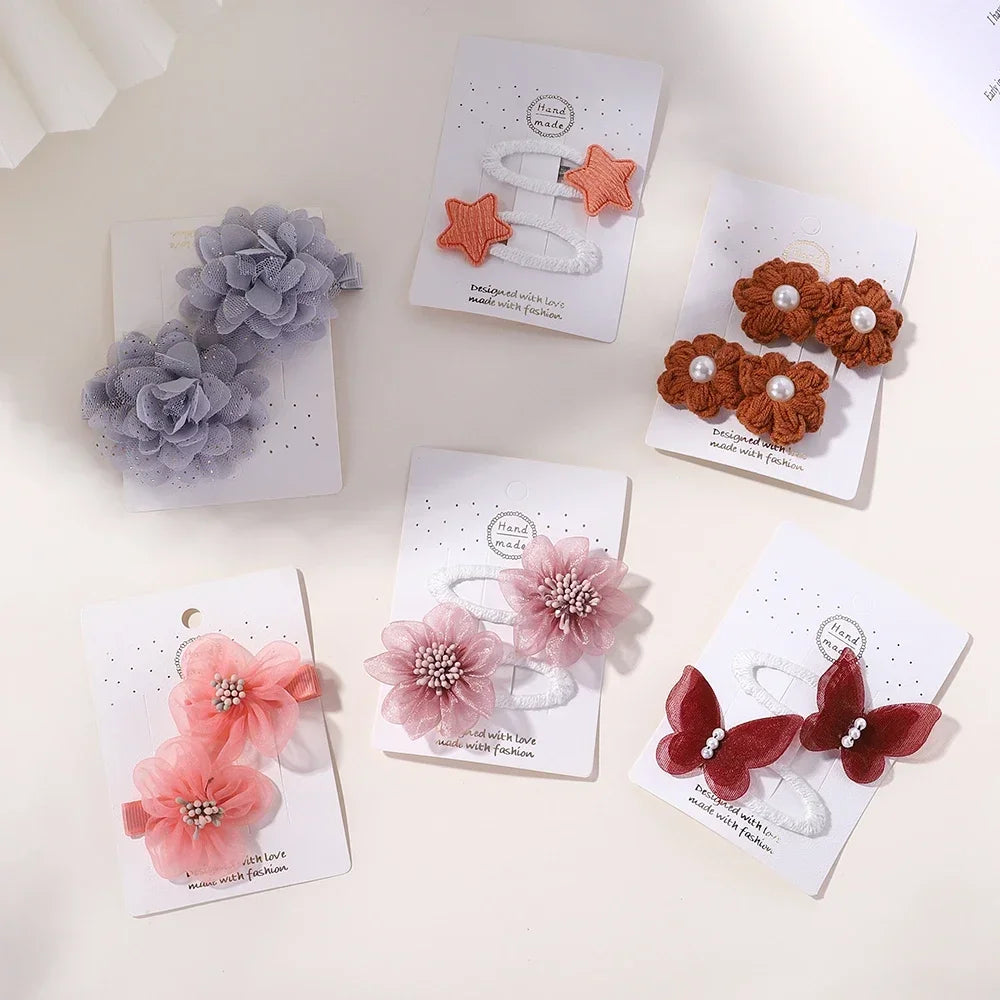 2pcs/set Girls Cute Flower Bow Star Solid Color Safe Nylon &knitting & Mesh Kids Hair Clips  Accessories Hairpins For Children