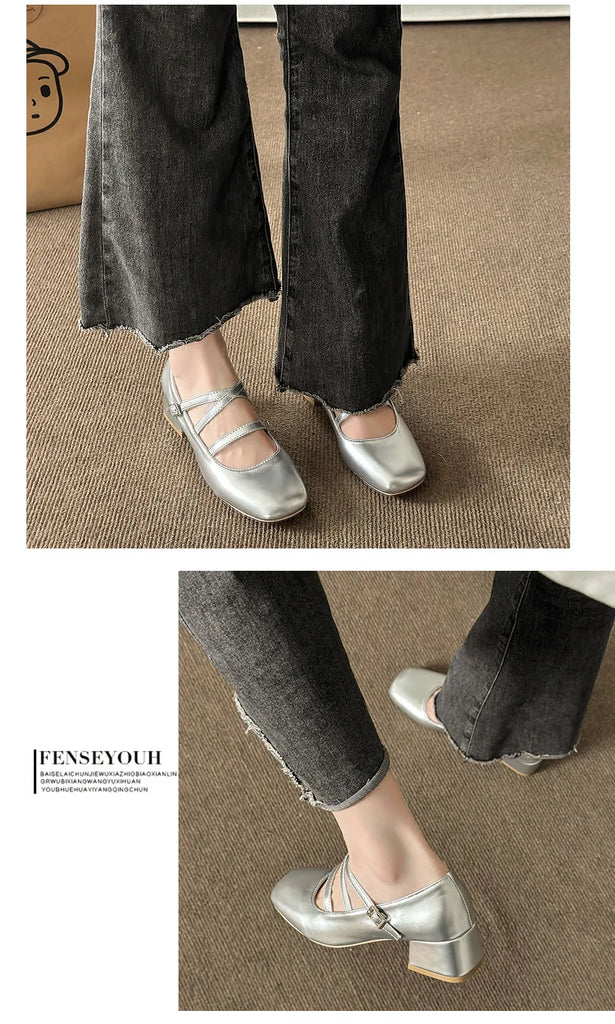 Casual Woman Shoe Female Footwear Shallow Mouth Low Heels Square Toe New Dress Retro On Heels Mary Janes Leisure Rubber High Sol