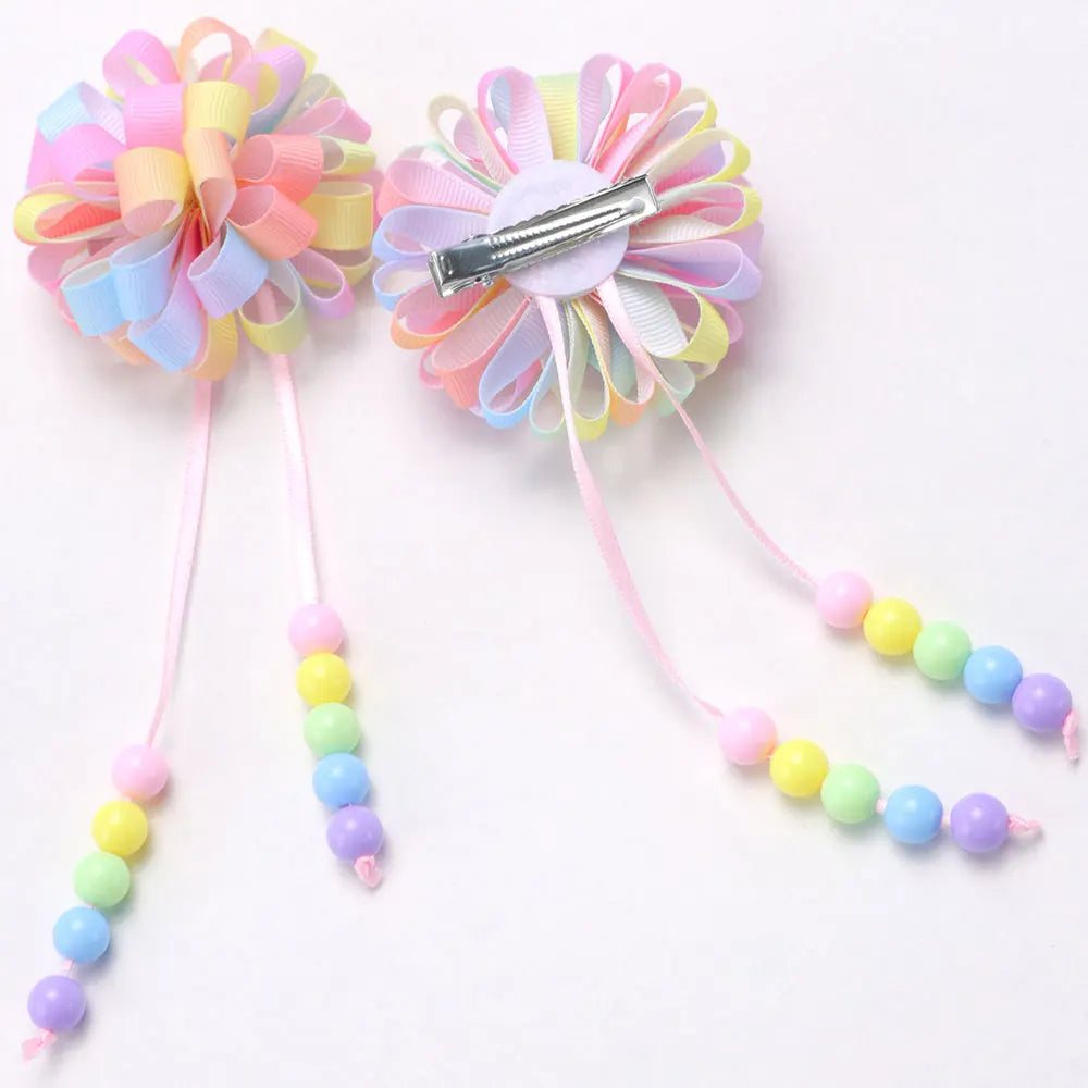 2Pcs Flower Hair Clips For Girls Sweet Bead Tassel Hairpins Boutique Hydrangea Hairgrips Headwear Kids Hair Accessories
