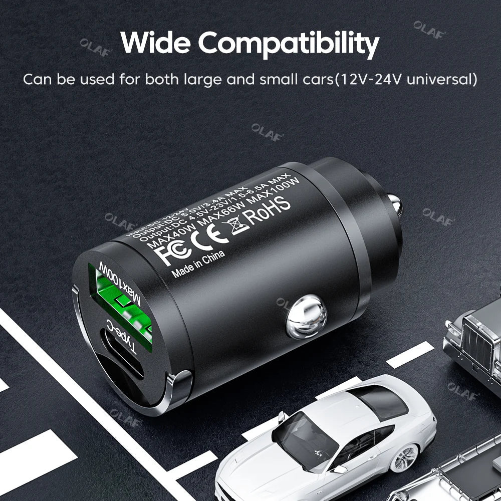 Crouch Mini Car Charger 100W QC3.0 Fast Charging Car USB Charger PD Type C Mobile Phone Charger For iphone Samsung Xiaomi Huawei