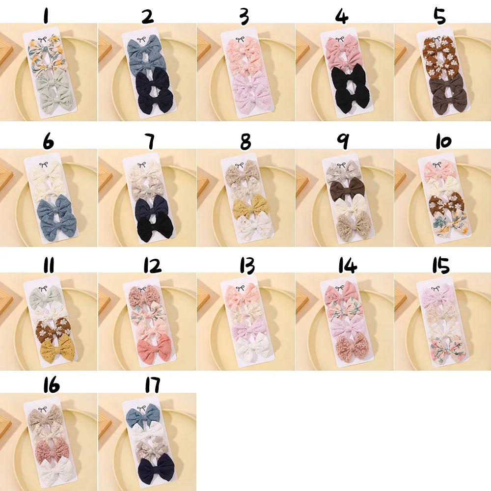 4Pcs/Set Lovely Bowknot Clips Hairpins Baby Girl Fresh Pastoral Style Hairclips Hair Accessories Kids Print Hollow Hairgripe