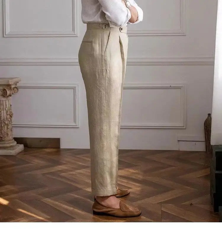 100% Linen Italian Naples Pants Men High Waist Straight  Suit Trousers Spring Summer Fashion Lightweight Breathable Casual Pants