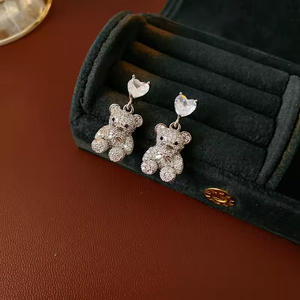 Zircon Love Bear Earrings for Women Korean Princess Sweet Drop Earring Fashion High-grade Sense Female Charms Jewelry Gifts