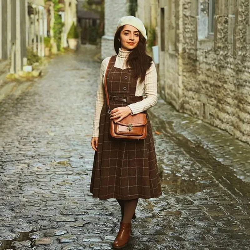 Vintage Korean Two Piece Set Dress Women Autumn Winter Plaid Woolen Spaghetti Strap Dress With Belt Long Sundress Vestidos