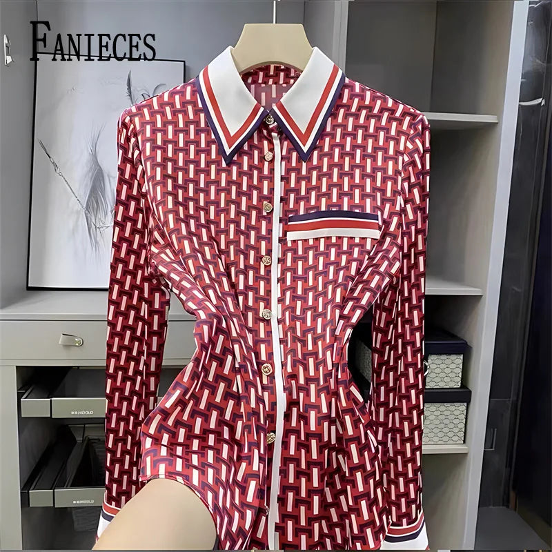 FANIECES S-4XL Ropa De Mujer Female Red Plaid Printed Blusas Shirt Button Casual Polo-Neck Blouse Spring Autumn Women's Clothing