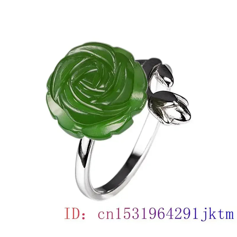 Jade Rose Rings Jewelry Chinese Women 925 Silver Amulet Natural Stone Fashion Gemstones Adjustable Ring Charms Gifts Jadeite