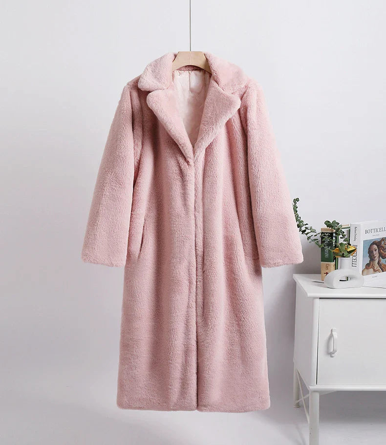 2023 Winter Women High Quality Faux Rabbit Luxury Long Fur Coat Lapel OverCoat Thick Warm Female Plush Jacket Large Size 5XL