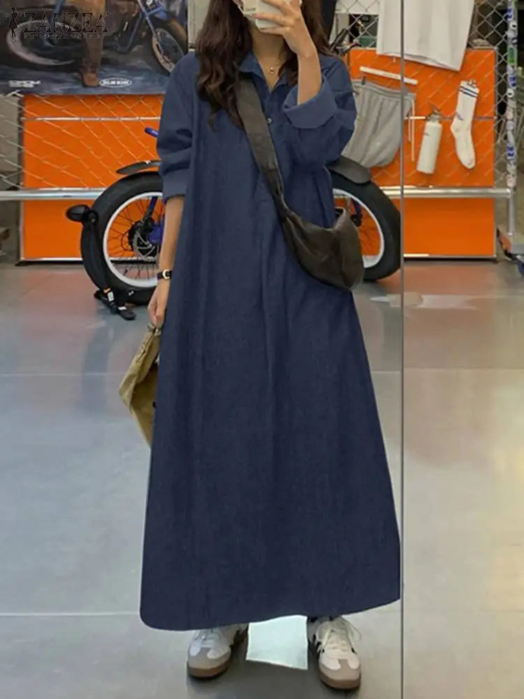 ZANZEA Women 2024 Spring Long Shirt Dress Oversize Long Sleeve Robe Vintage Denim Blue Dresses Casual Loose Buttons Up Vestidos