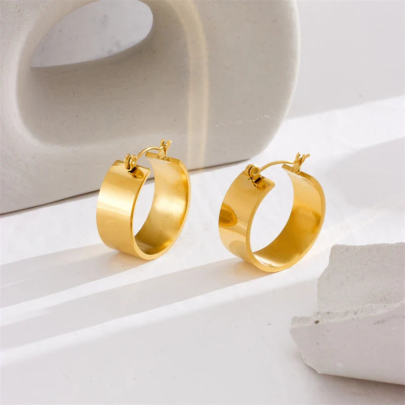 DIEYURO 316L Stainless Steel Round Wide Hoop Earrings For Women Fashion Gold Color Girls Body Jewlery Party Gift Bijoux серьги